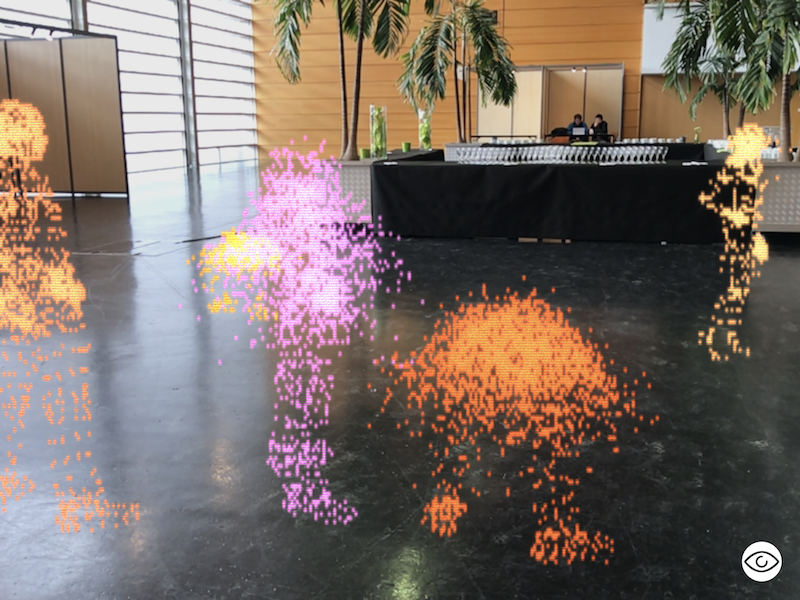 three.js animated people in a building foyer