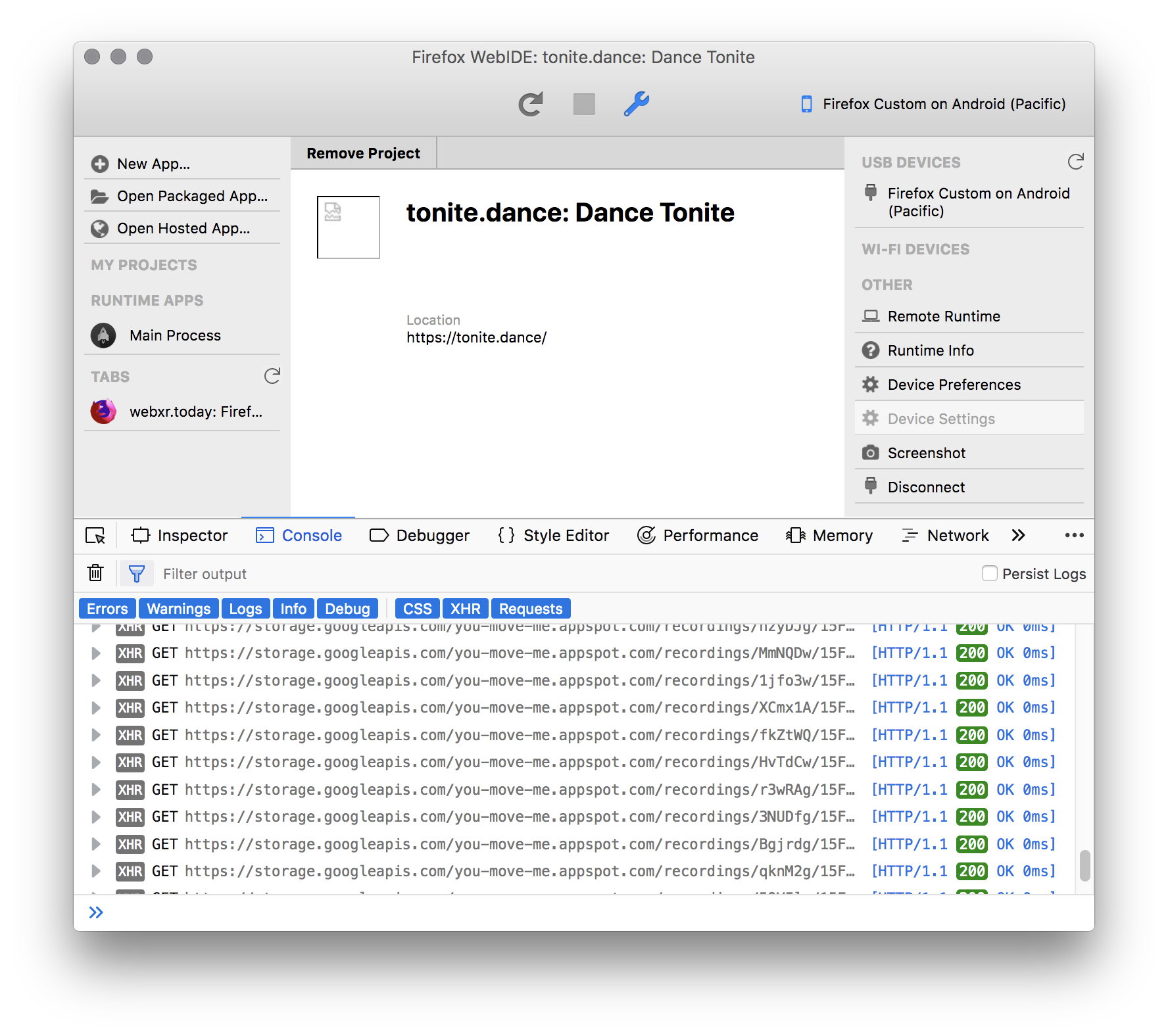 Screenshot of Remote Debugging in Firefox desktop