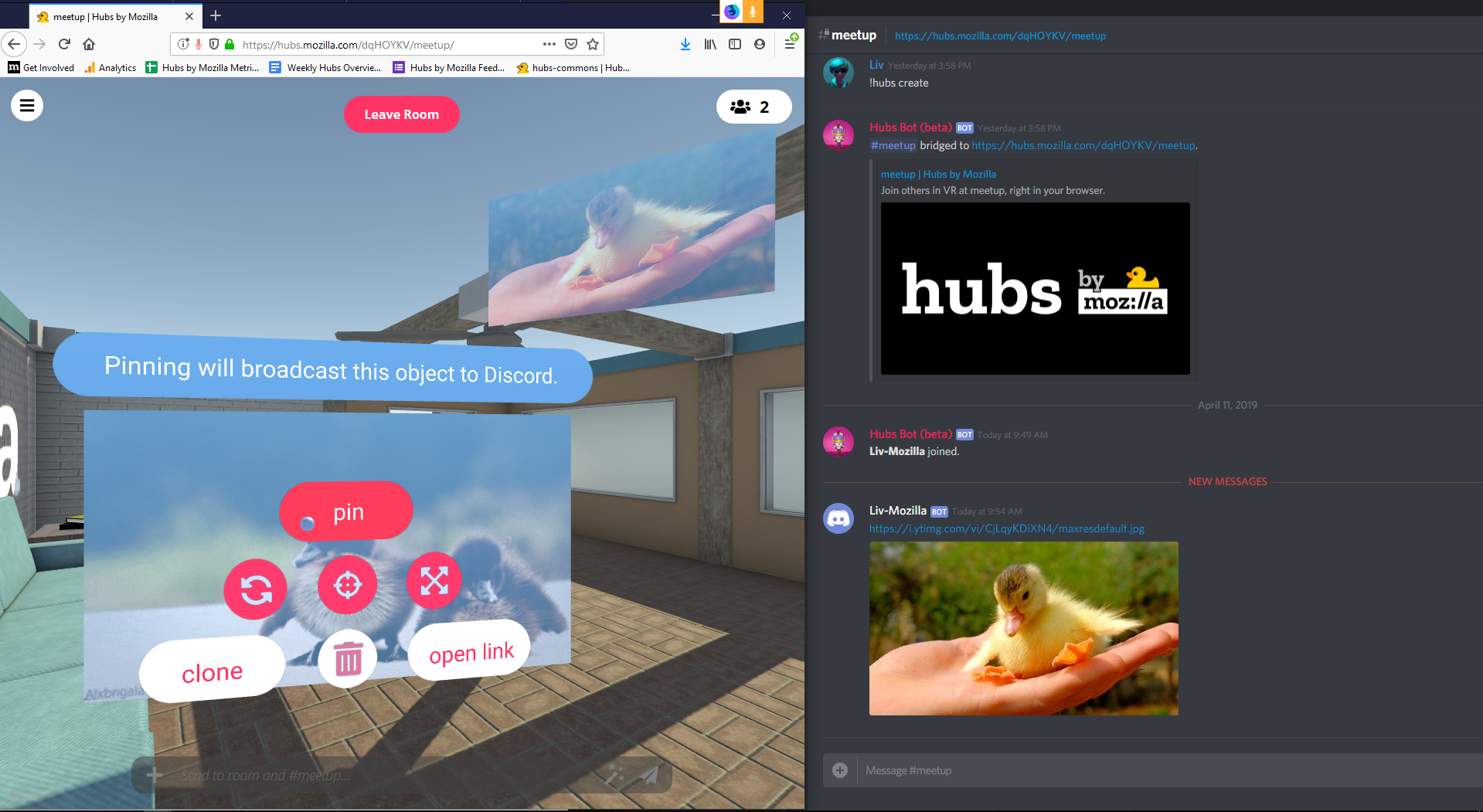 Media that is pinned in a Hubs room that is linked to a Discord channel will appear in the text channel