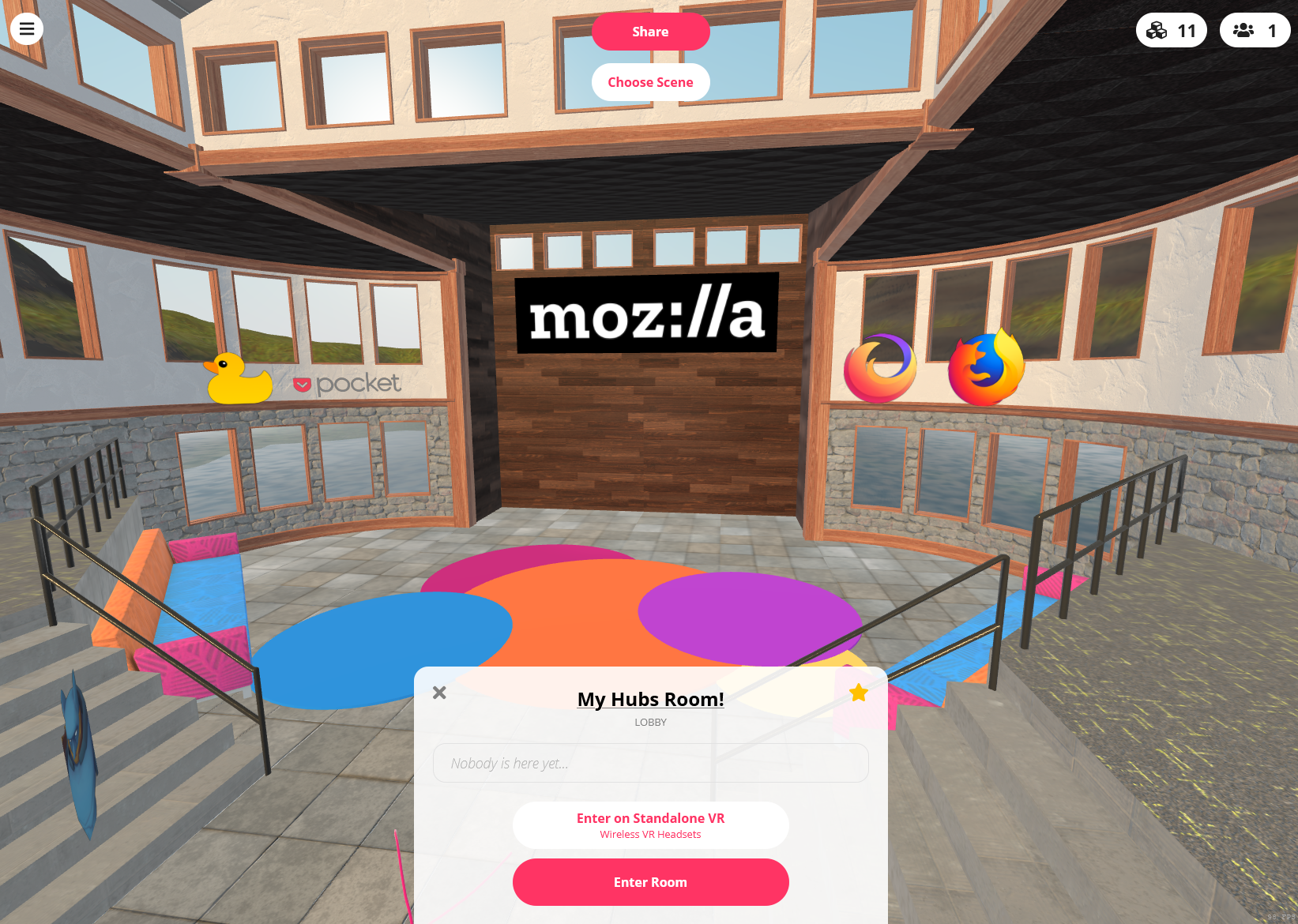A virtual meeting space with colorful chairs. The user has not yet entered, so the website is showing the "Lobby" UI.